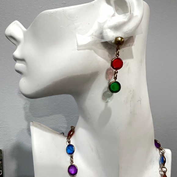 Vintage Long Caged Multicolour Crystals Necklace Bracelet Dangling Earrings 90's - Picture 11 of 13